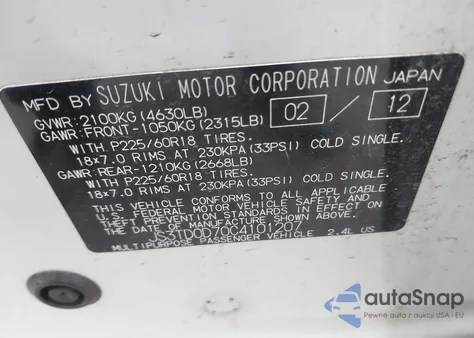 2012 Suzuki Grand Vitara Limited z USA, uszkodzony, nr VIN JS3TD0D70C4101207